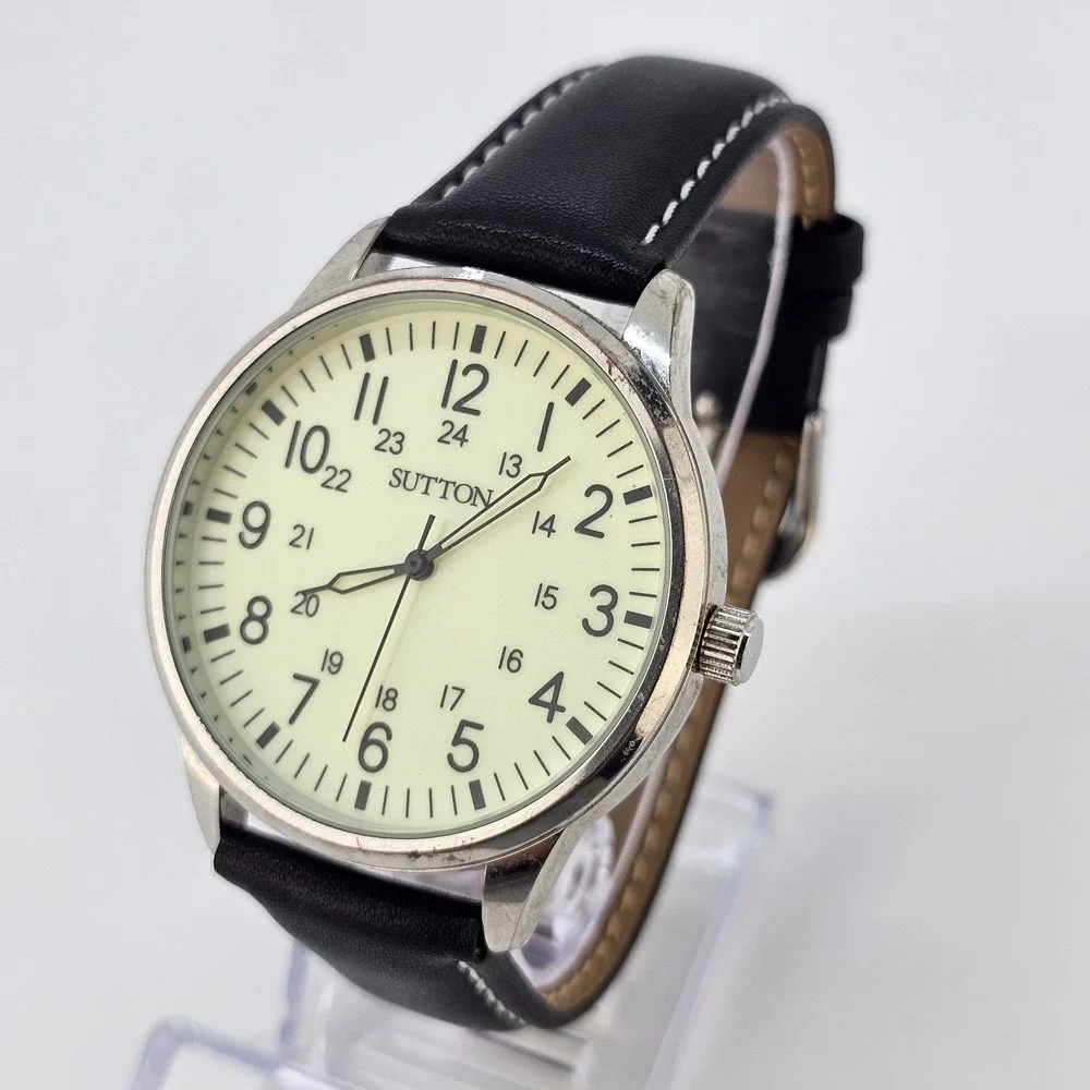 Sutton Field Men's Watch 41MM Yellow Dial NEW Black Leather Bands NEW Battery